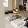 Modern Living Room Interior With White Sofa Gold Accent Chair Glass Cabinets And Marble Floor