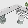 Modern Curved Bar Counter With Polka Dot Top Vertical Slat Base Black Railing And Plant