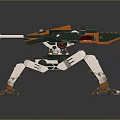 Futuristic Quadruped Mech Character With Turrets Orange Green White Armor Plating