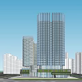 Modern Twin Office Buildings With Glass Curtain Walls Base Podium And Urban Setting