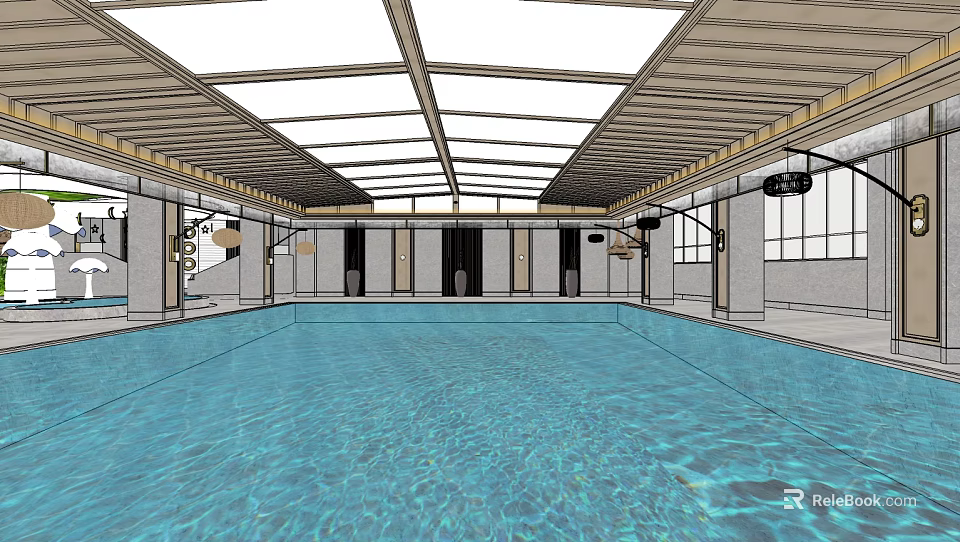 Indoor Swimming Pool Interior With Wooden Ceiling And Clear Blue Water 3d model 