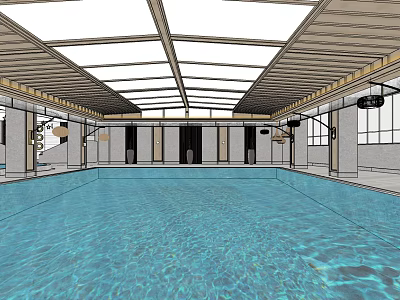 Indoor Swimming Pool Interior With Wooden Ceiling And Clear Blue Water 3d model