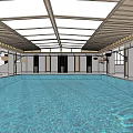 Indoor Swimming Pool Interior With Wooden Ceiling And Clear Blue Water