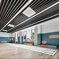 Modern Playroom With Black Striped Ceiling White Walls Blue Wall Panels Climbing Wall And Door