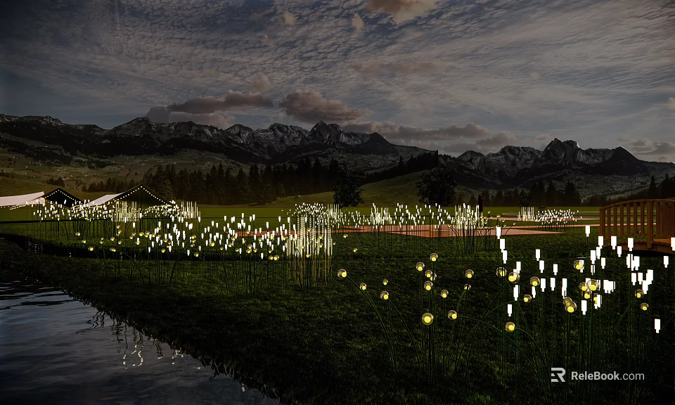 Decorative Outdoor Lights Illuminating Nighttime Grass Field With Mountain Backdrop And Water Reflection 3d model 