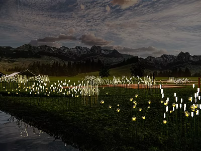 Decorative Outdoor Lights Illuminating Nighttime Grass Field With Mountain Backdrop And Water Reflection 3d model