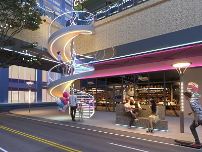 Modern Shopping Mall Lobby Interior Design With Spiral Staircase Colorful Lighting Decorative Balloons And People 3d model