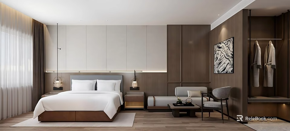 Elegant Modern Luxury Hotel Guest Room With King Bed And Comfortable Cozy Lounge Area 3d model 