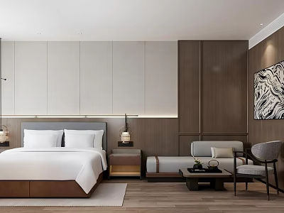 Elegant Modern Luxury Hotel Guest Room With King Bed And Comfortable Cozy Lounge Area 3d model