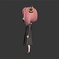 3D Cartoon Character With Pink Hair Green Eyes Gray Dress And Yellow Hair Accessories