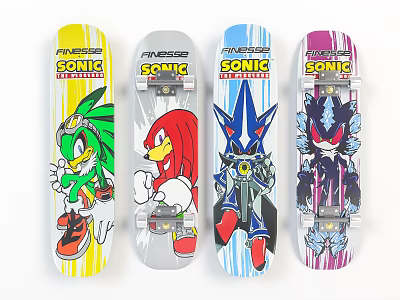 Sonic Themed Skateboards With Vibrant Character Graphics And Assorted Color Designs 3d model