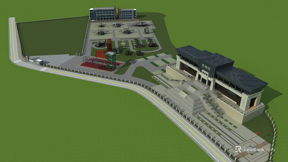 Modern Cultural Center Exterior Design With Green Lawn Parking Area And Entrance Steps 3d model 