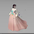 Pink Hanbok Woman with Green Ribbon and Fluttering Butterflies and Falling Petals