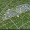 Aerial Planning of Modern Urban Layout With River Green Spaces and Buildings
