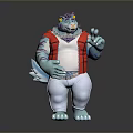Blue Creature Character In Red Vest And White Pants With Yellow Head Decoration Pointing Forward
