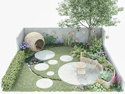 Tranquil Garden Landscape with Circular Stone Paths Purple Flowers Large Tree and Wooden Seating 3d model
