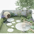Tranquil Garden Landscape with Circular Stone Paths Purple Flowers Large Tree and Wooden Seating