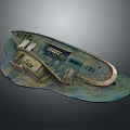 Sunken Ship Model Display With Broken Hull And Surrounding Water Wreckage Scene