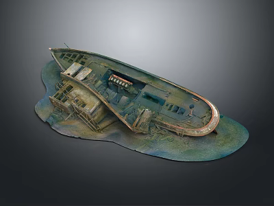 Sunken Ship Model Display With Broken Hull And Surrounding Water Wreckage Scene 3d model
