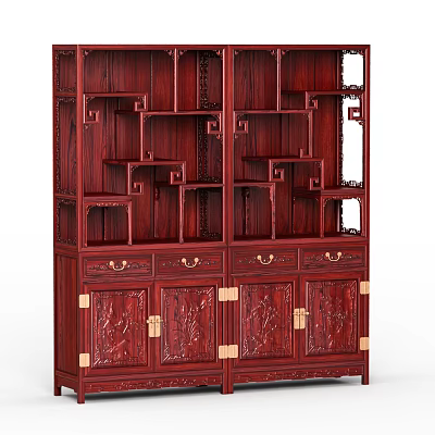 Traditional Chinese Carved Wooden Display Shelf with Multiple Shelves Drawers and Golden Hardware 3d model
