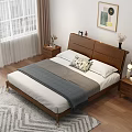 Modern Double Bed with Wooden Headboard Decorative Painting Nightstands Table Lamp Pillows on Wooden Floor