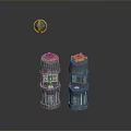 Gray Tower Like Equipment With Gold Top Decorations Small Blue Windows And Floating Blue Sphere