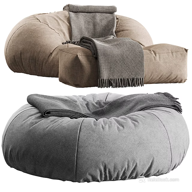 Cozy Soft Bean Bag Sofa In Brown And Gray With Warm Blanket For Living Room 3d model 