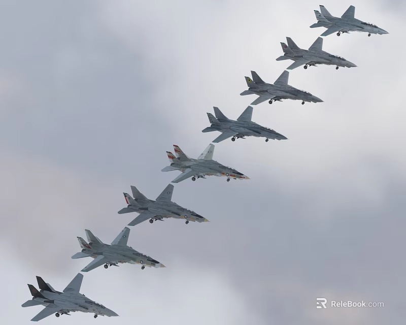 Multiple Fighter Jets Flying In Formation Against Cloudy Sky Background 3d model