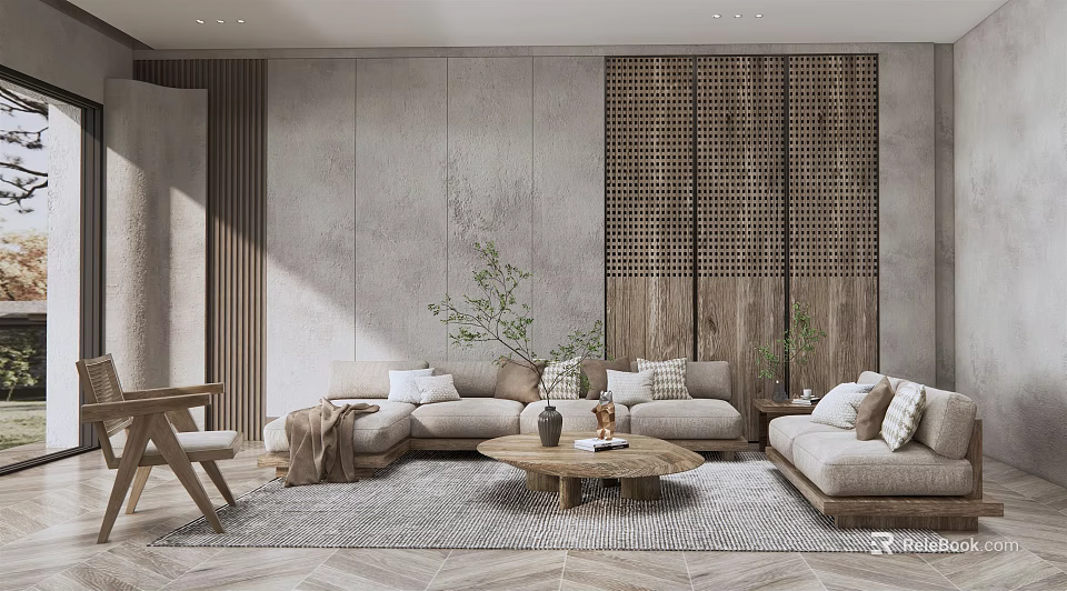 Modern Living Room Interior With L Shaped Sofa Wooden Coffee Table And Green Plant 3d model 