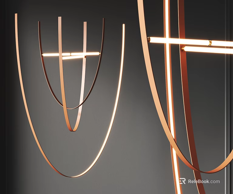 Modern Chandelier Design With Curved Golden Metal Frames And LED Light Strips On Gray Wall 3d model 