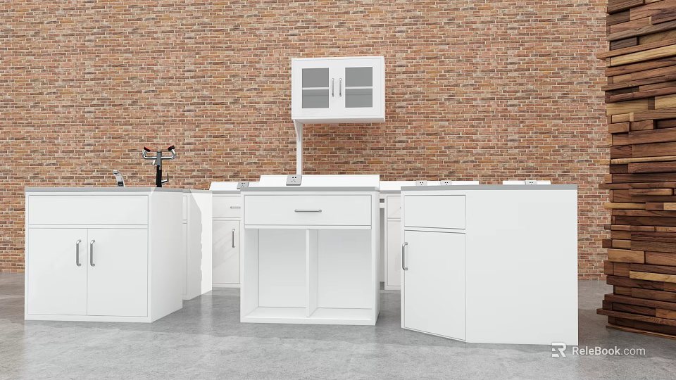 Open Kitchen With White Cabinets Red Brick Wall Countertop And Faucet 3d model 