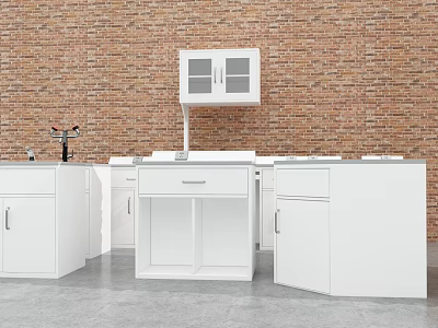 Open Kitchen With White Cabinets Red Brick Wall Countertop And Faucet 3d model