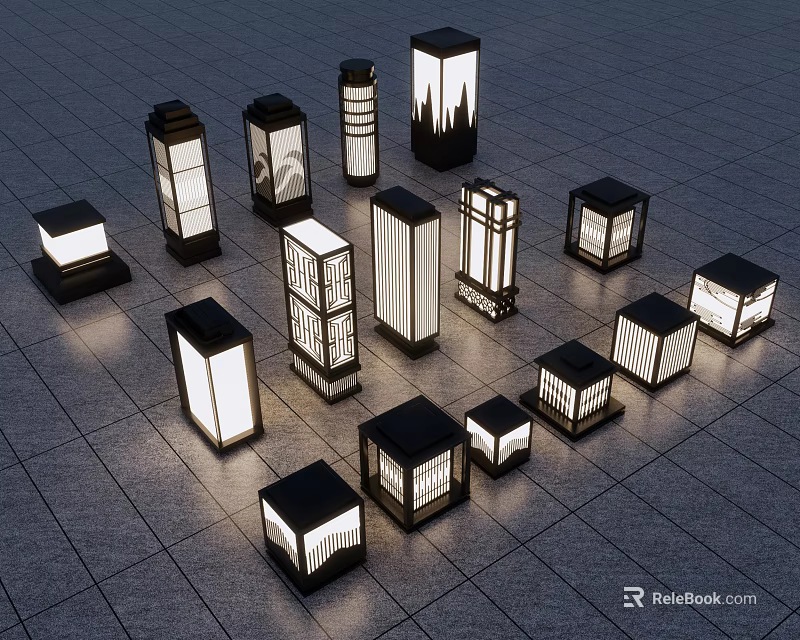 Various Modern Outdoor Lights With Different Designs Illuminated On Tiled Ground 3d model