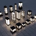 Various Modern Outdoor Lights With Different Designs Illuminated On Tiled Ground 3d model