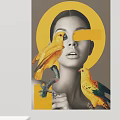 Vibrant Portrait of Woman with Yellow Parrots Perching on Hand and Halo Background