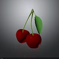 Fresh Red Cherries With Green Leaf And Stem On Dark Background