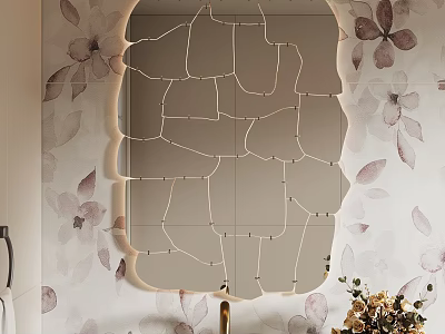 Decorative Mirror In Bathroom With Floral Wallpaper And Flower Bouquet 3d model