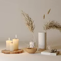 Decorative Ornament Set With Candles Vases Dried Pampas Grass And Wooden Tray