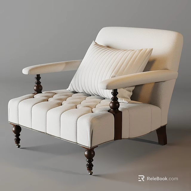 Ivory Accent Chair With Wooden Armrests Tufted Details And Striped Cushion 3d model 