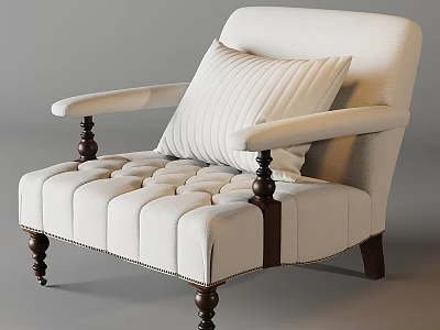 Ivory Accent Chair With Wooden Armrests Tufted Details And Striped Cushion 3d model