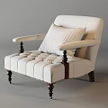 Ivory Accent Chair With Wooden Armrests Tufted Details And Striped Cushion