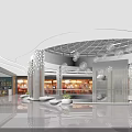 Modern Shopping Mall Atrium With Circular Skylight White Columns Pendant Lights And Marble Floor