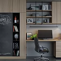 Modern Office Desk Setup With Computer Monitor Wooden Bookshelf Chalkboard Menu And Black Chair