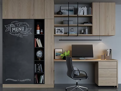 Modern Office Desk Setup With Computer Monitor Wooden Bookshelf Chalkboard Menu And Black Chair 3d model