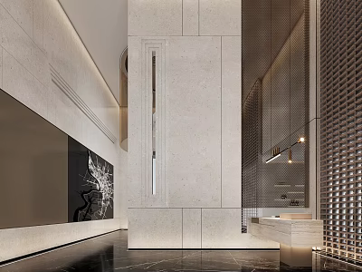 Modern Sales Office Interior With Stone Wall Marble Floor And Elegant Lighting Design 3d model
