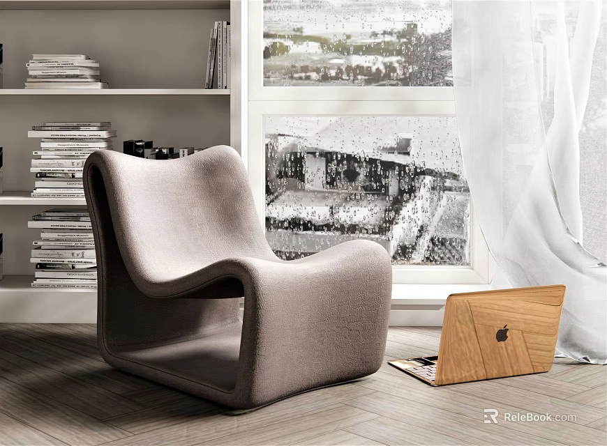 Modern Fabric Accent Chair With Wooden Laptop Near Bookshelf And Window In Cozy Indoor Setting 3d model 