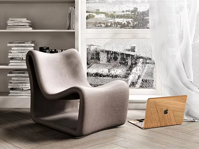 Modern Fabric Accent Chair With Wooden Laptop Near Bookshelf And Window In Cozy Indoor Setting 3d model