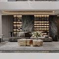 Modern Hotel Lobby Design With Red Curved Ceiling Black Artwork And Marble Floor