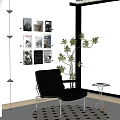 Modern Leather Leisure Chair With Grid Design By Window Side Green Plant And Magazine Posters