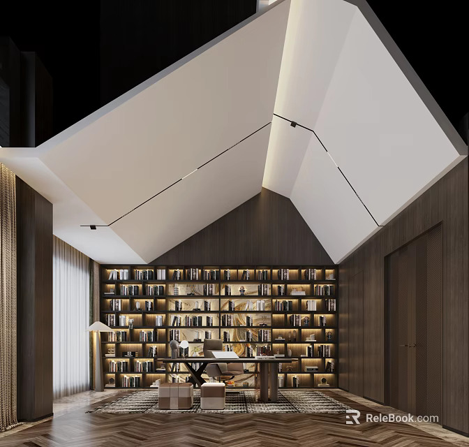 Modern Study Room Interior With Wooden Bookshelves Ceiling Light Strips Desk Chair And Window 3d model 